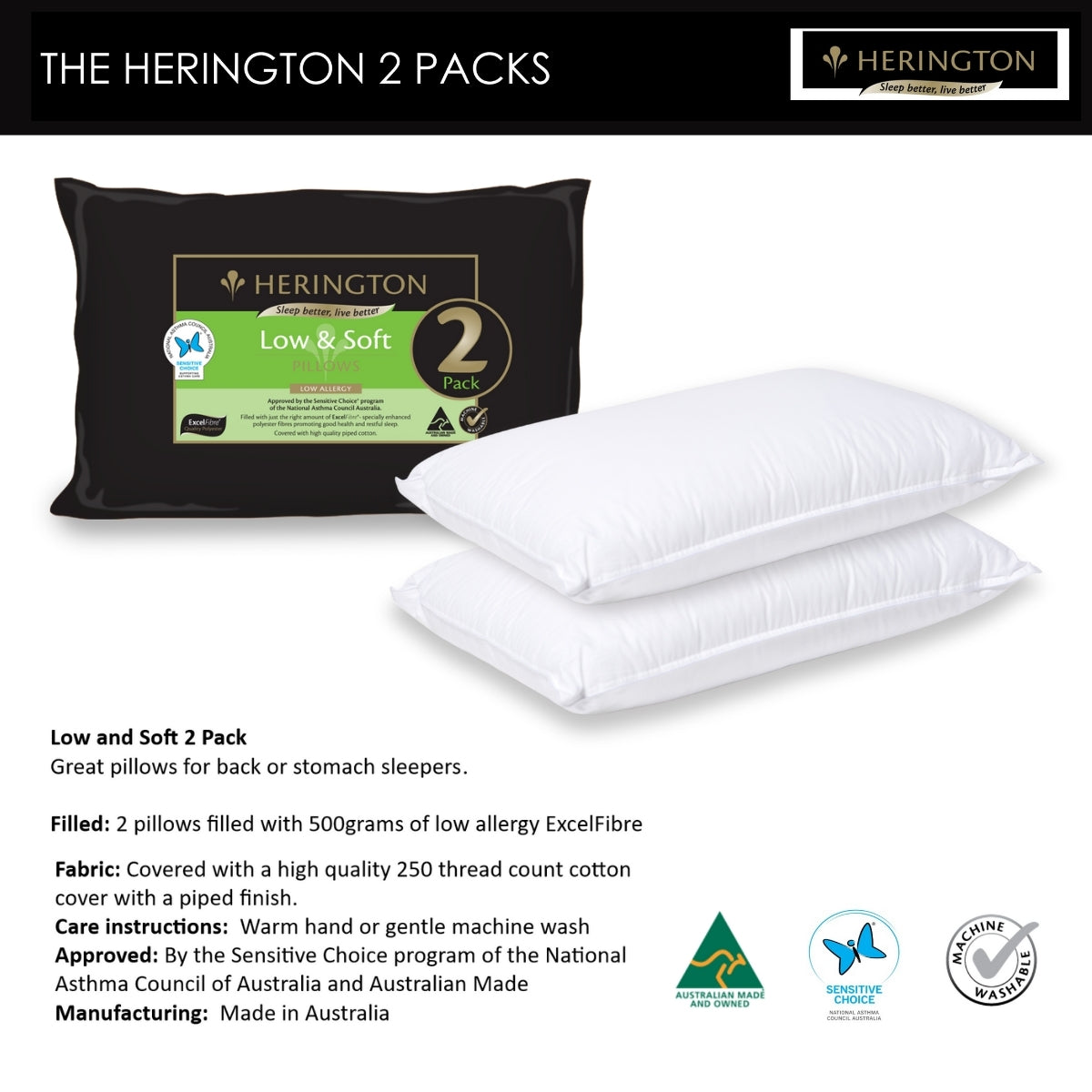 Low & Soft Pillows - 2 Pack