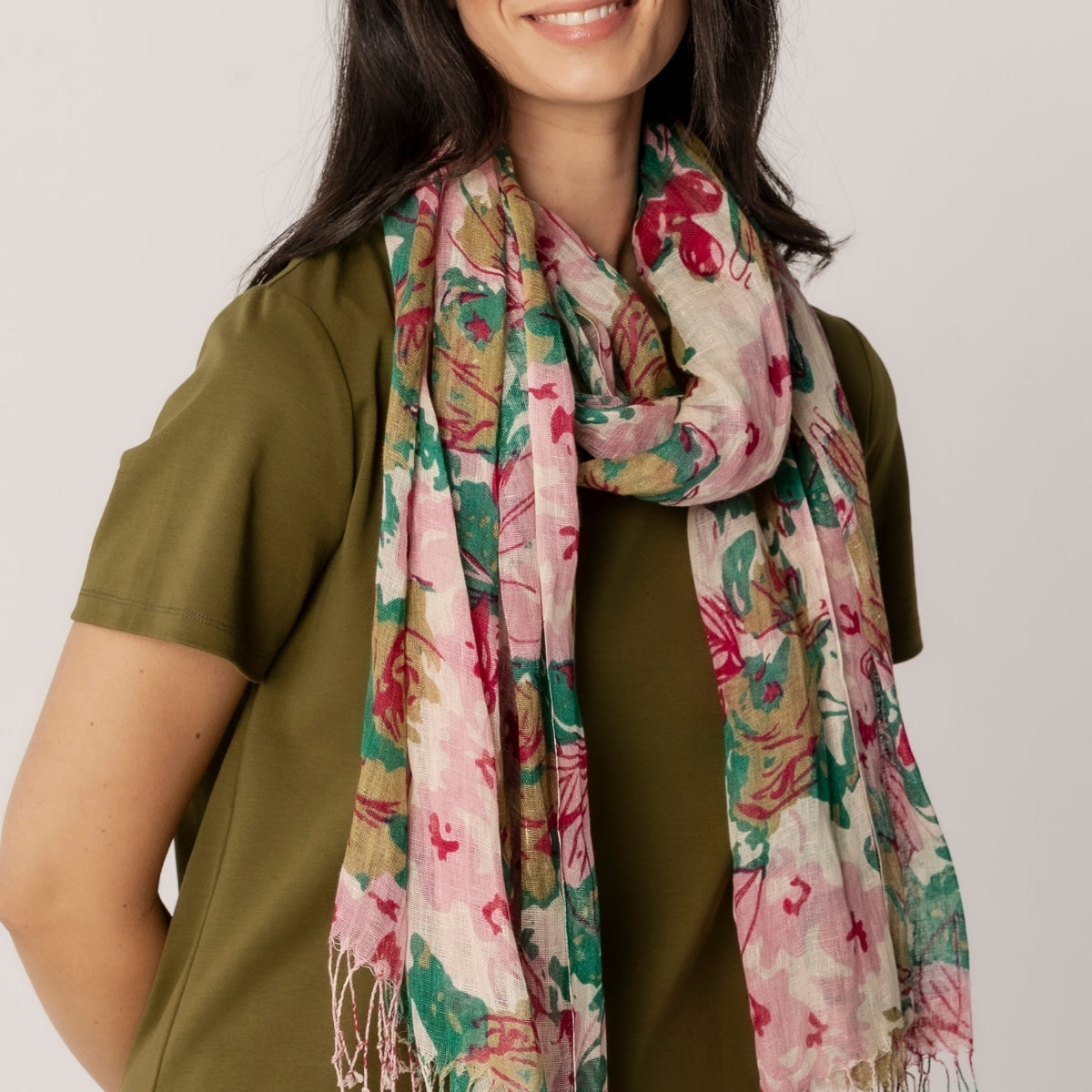 100% Linen Floral Print Scarf