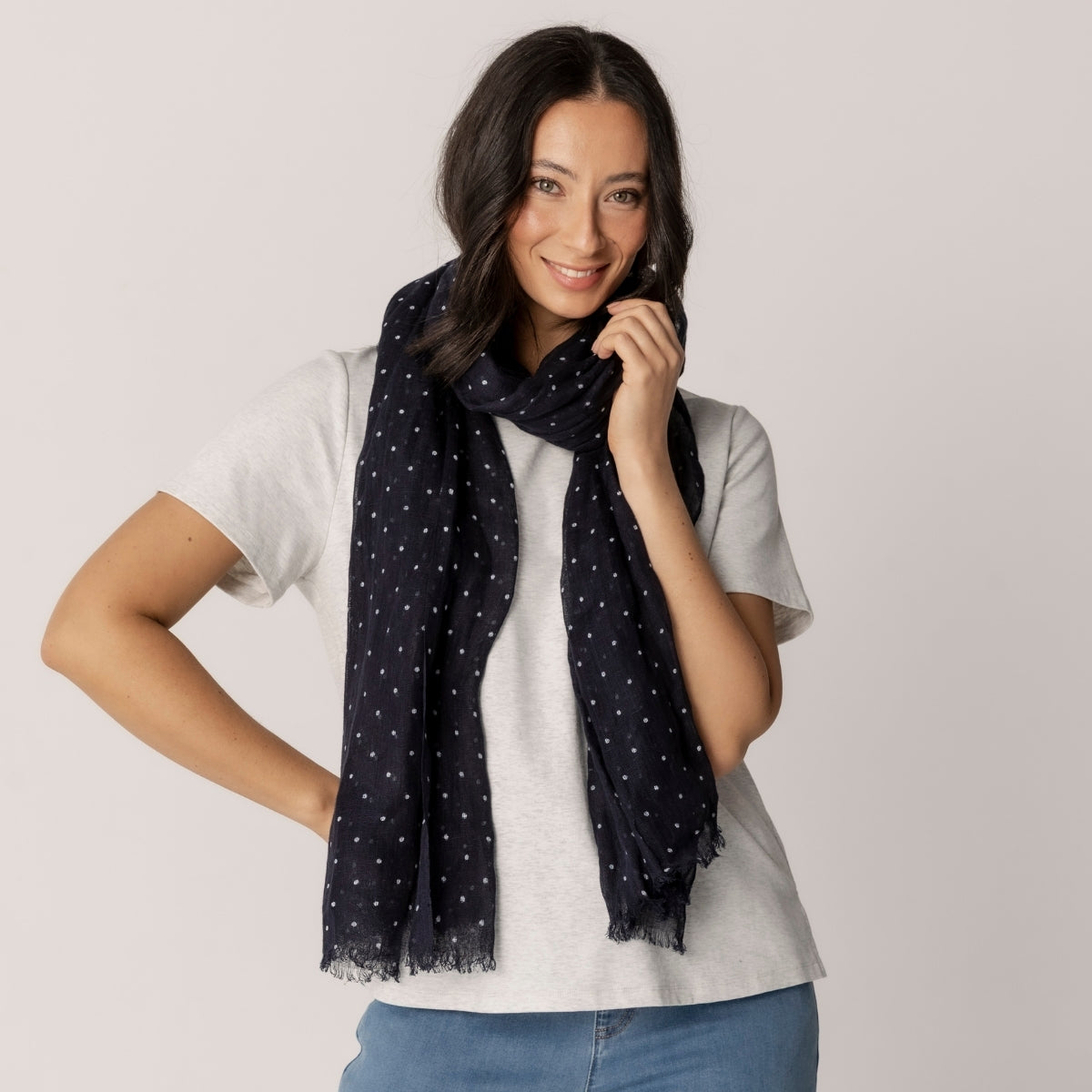 100% Linen Polka Dot Print Scarf