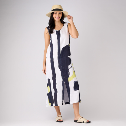 Linen Printed Maxi Dress With Splits