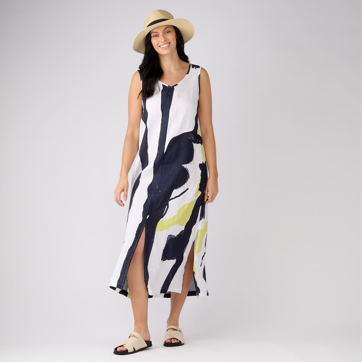 Linen Printed Maxi Dress With Splits