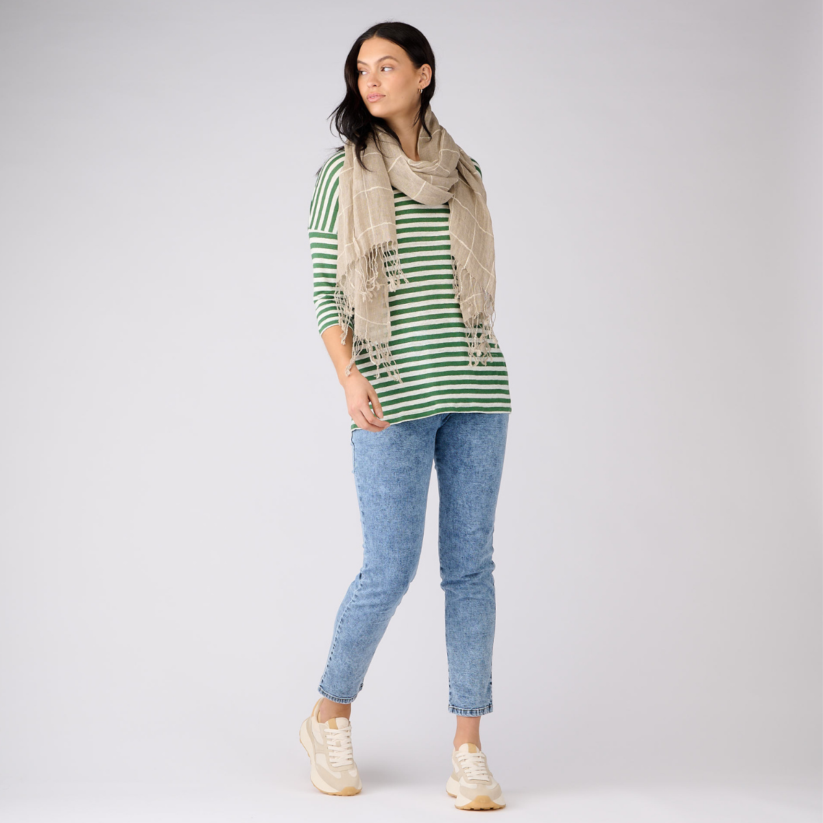 Linen Jersey Narrow Stripe 3/4 Sleeve Top