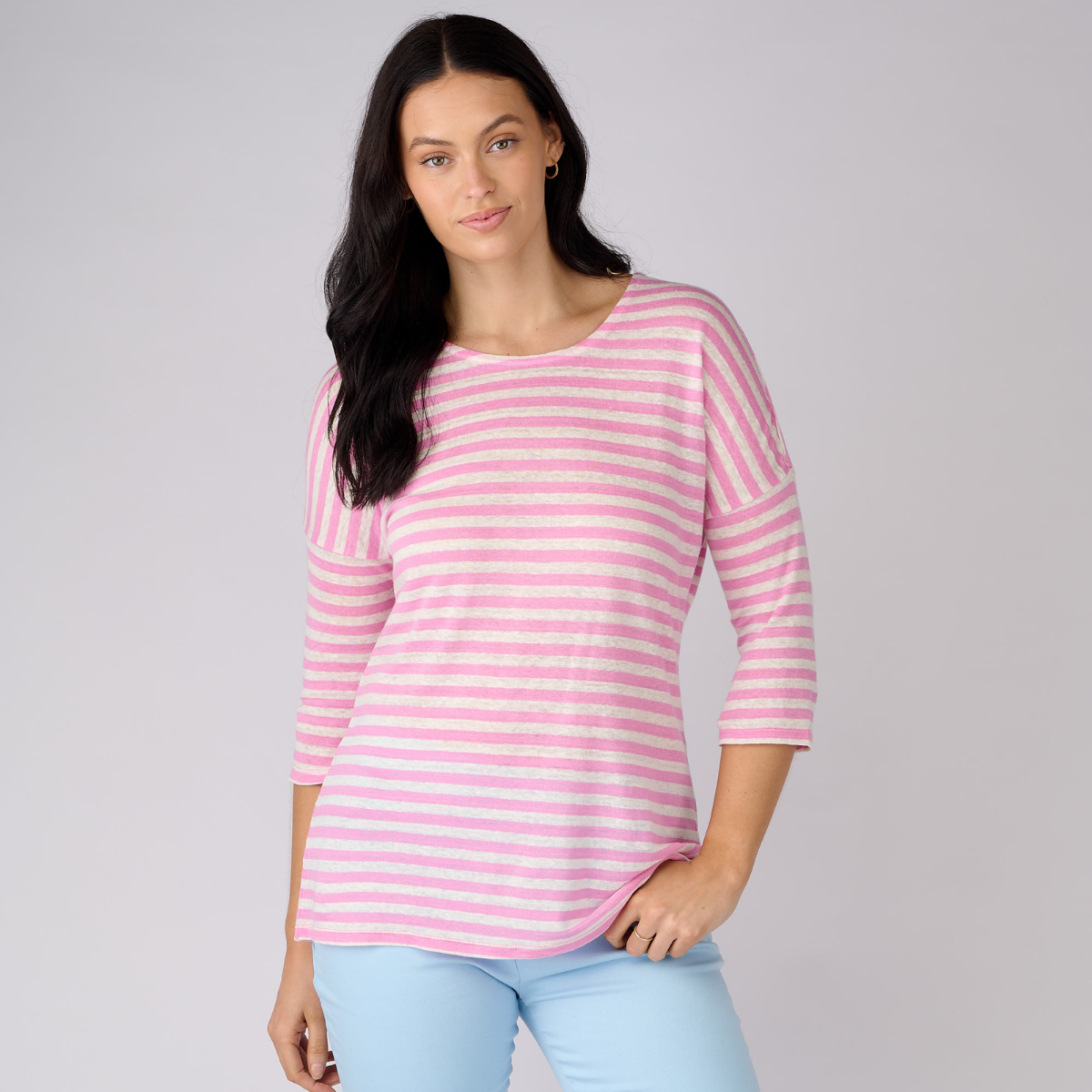 Linen Jersey Narrow Stripe 3/4 Sleeve Top