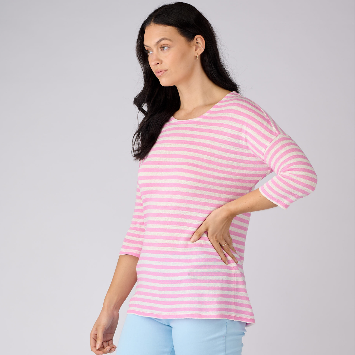 Linen Jersey Narrow Stripe 3/4 Sleeve Top