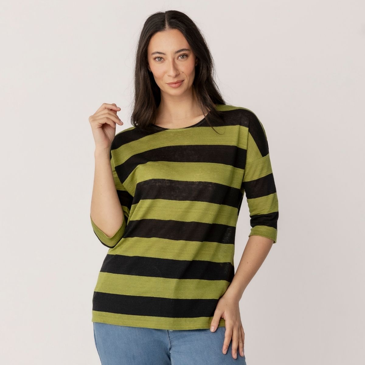 Linen Jersey Stripe 3/4 Sleeve Top
