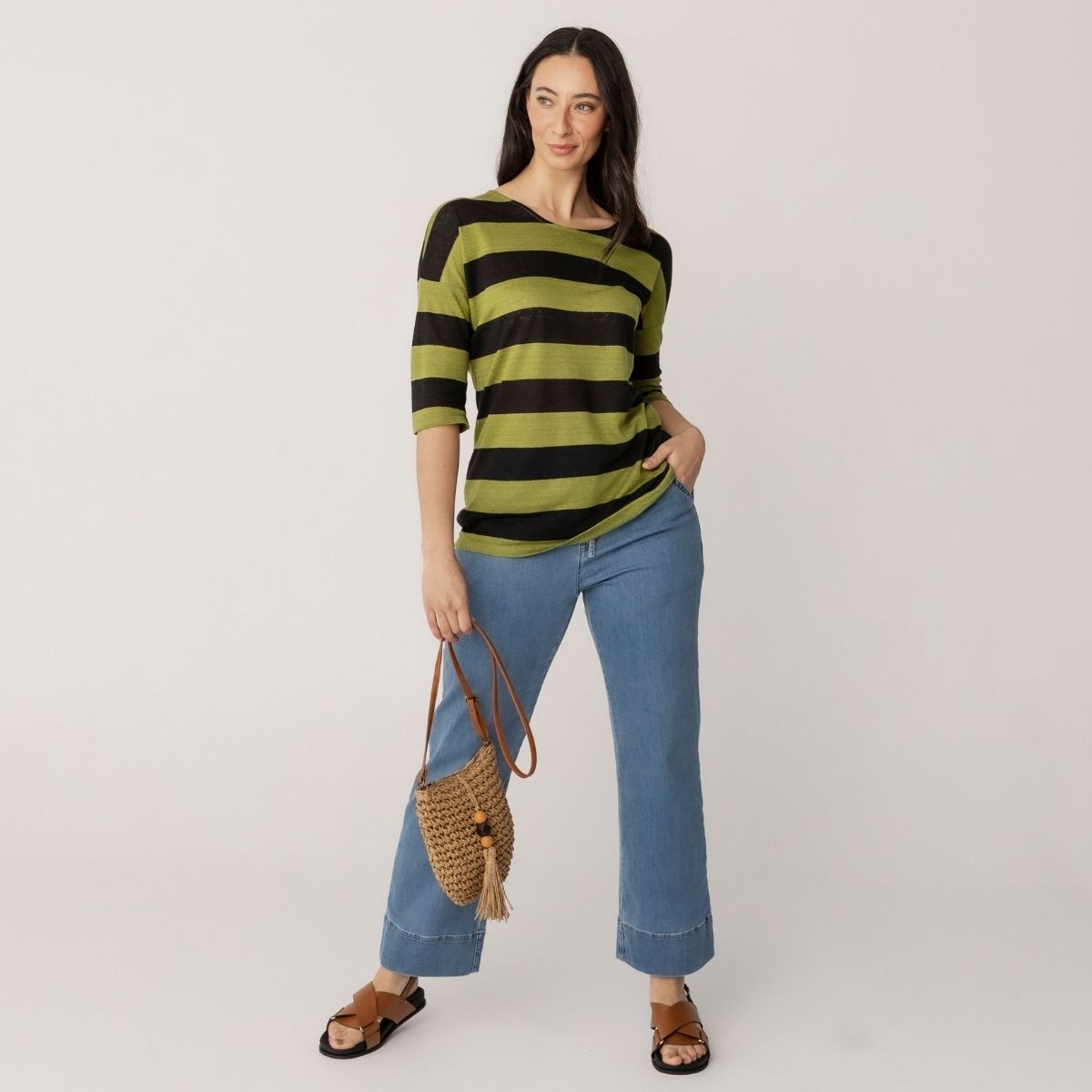 Linen Jersey Stripe 3/4 Sleeve Top
