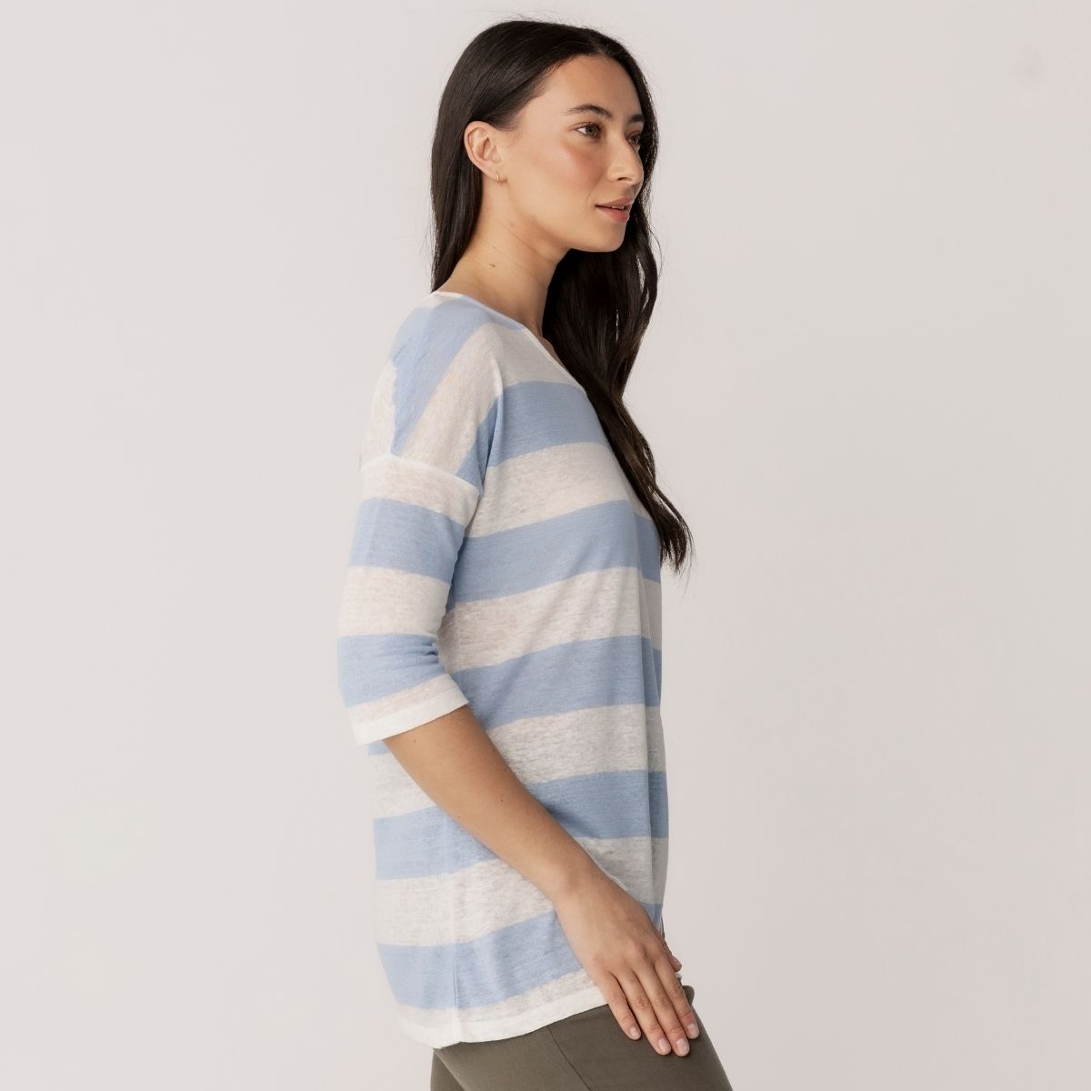 Linen Jersey Stripe 3/4 Sleeve Top