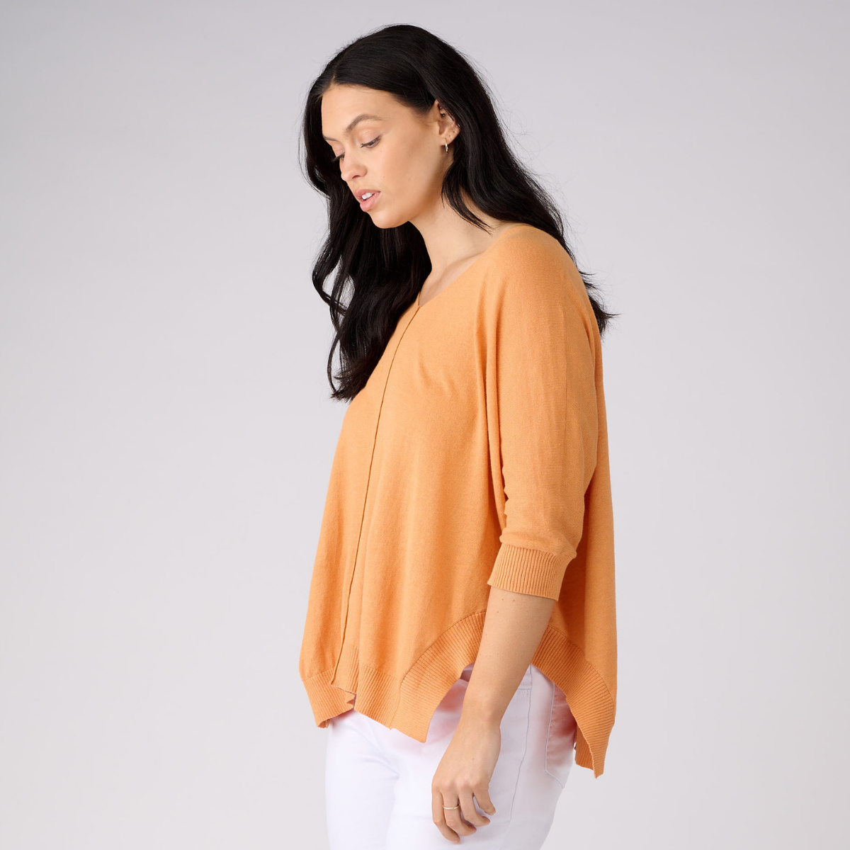 Linen Cotton 3/4 Sleeve V Neck Swing Top