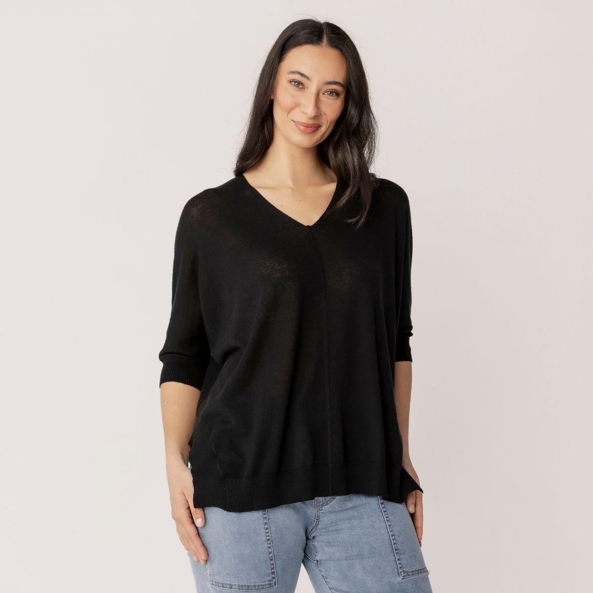 Linen Cotton 3/4 Sleeve V Neck Swing Top