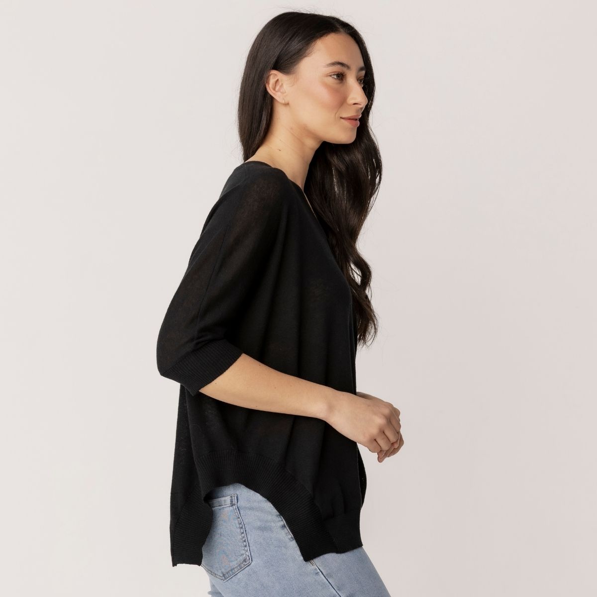 Linen Cotton 3/4 Sleeve V Neck Swing Top