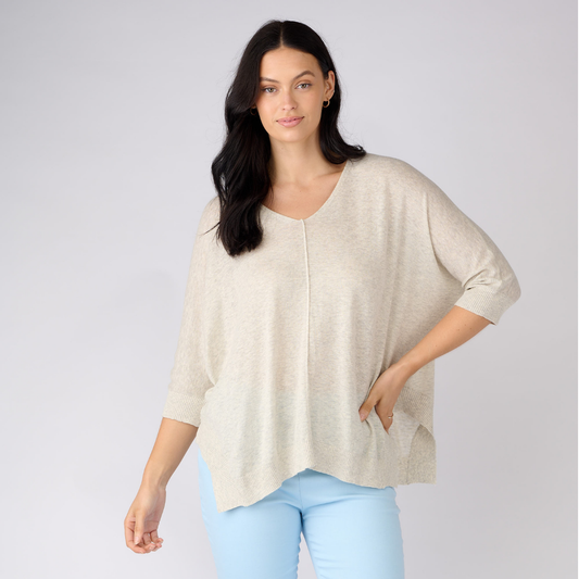 Linen Cotton 3/4 Sleeve V Neck Swing Top