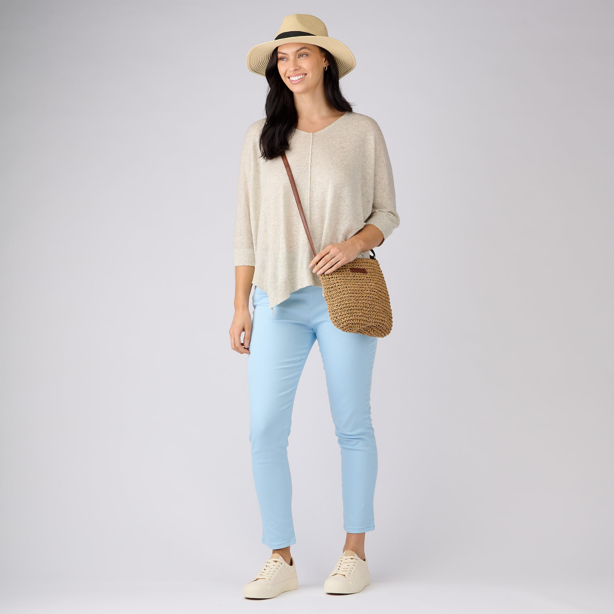 Linen Cotton 3/4 Sleeve V Neck Swing Top