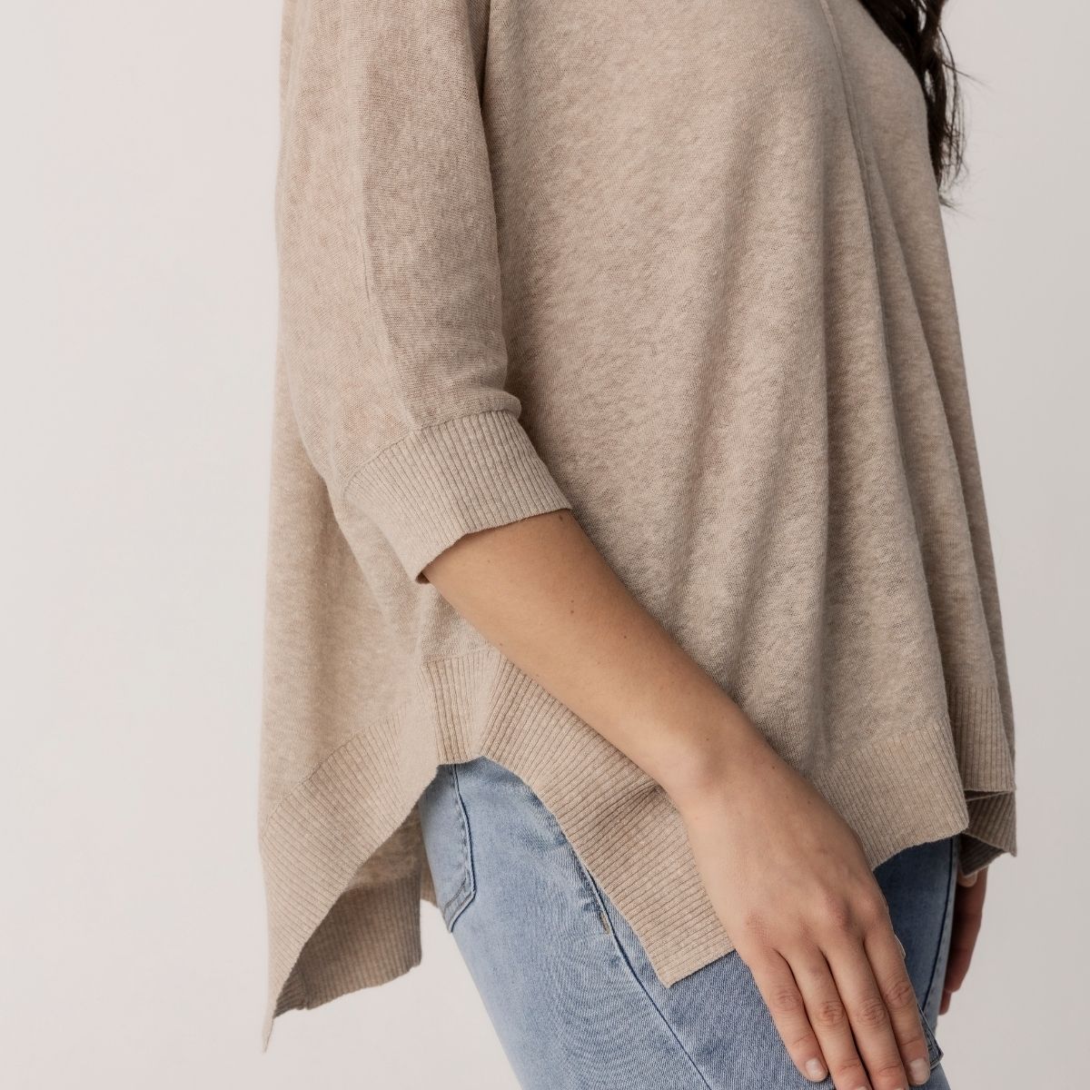 Linen Cotton 3/4 Sleeve V Neck Swing Top