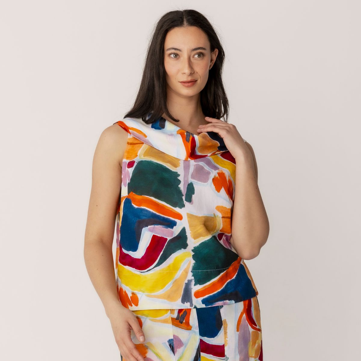 Linen Tencel Printed Cowl Neck Top