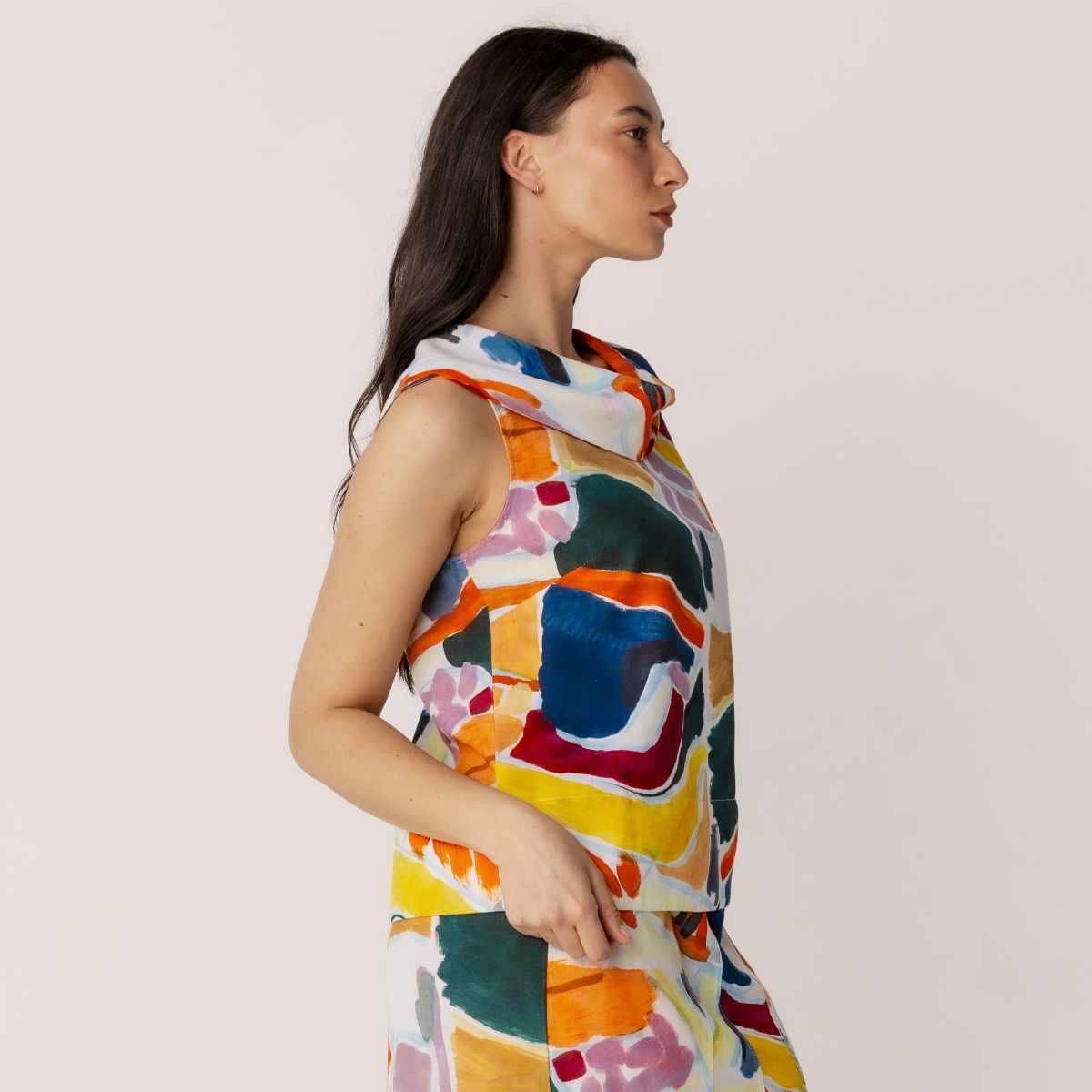 Linen Tencel Printed Cowl Neck Top