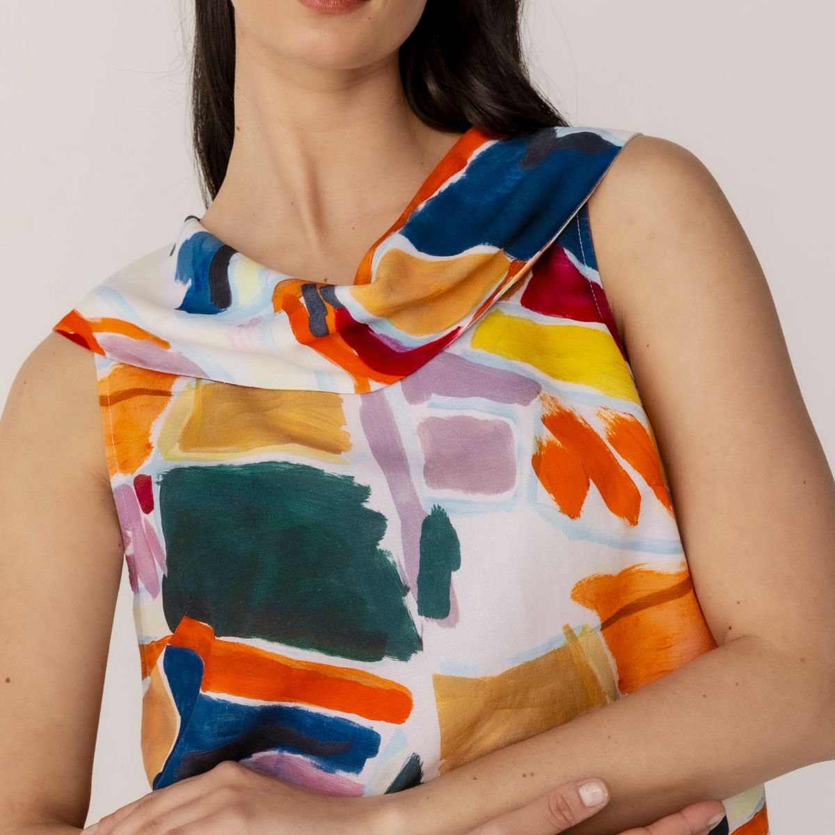 Linen Tencel Printed Cowl Neck Top
