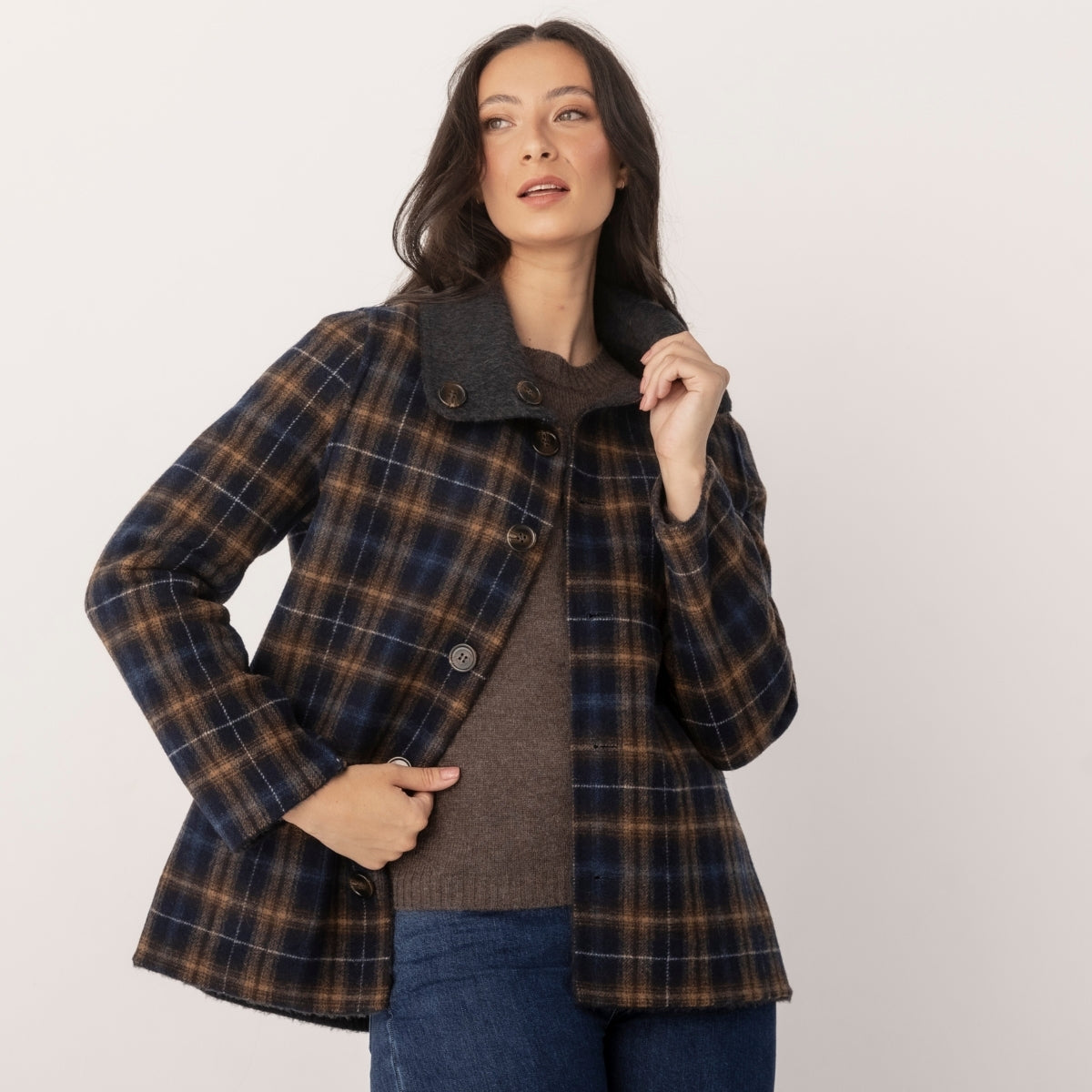 Wool Blend Reversible Funnel Coat Check