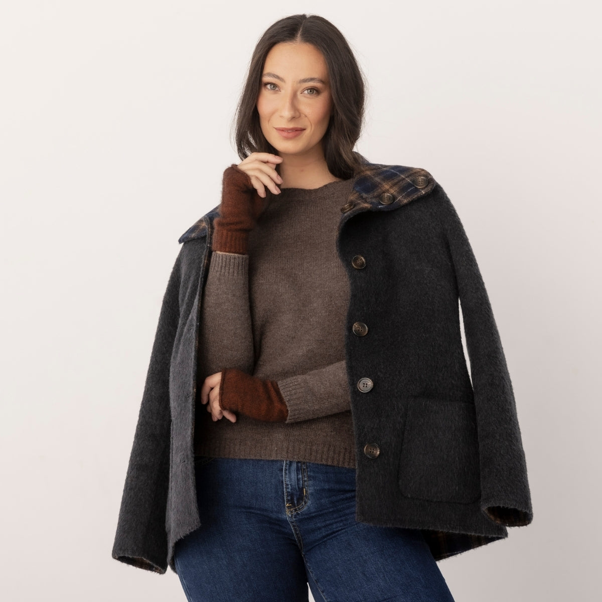 Wool Blend Reversible Funnel Coat Check