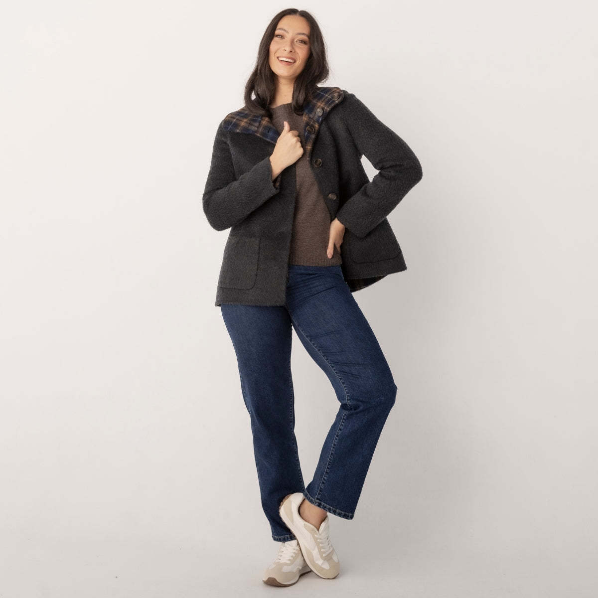 Wool Blend Reversible Funnel Coat Check