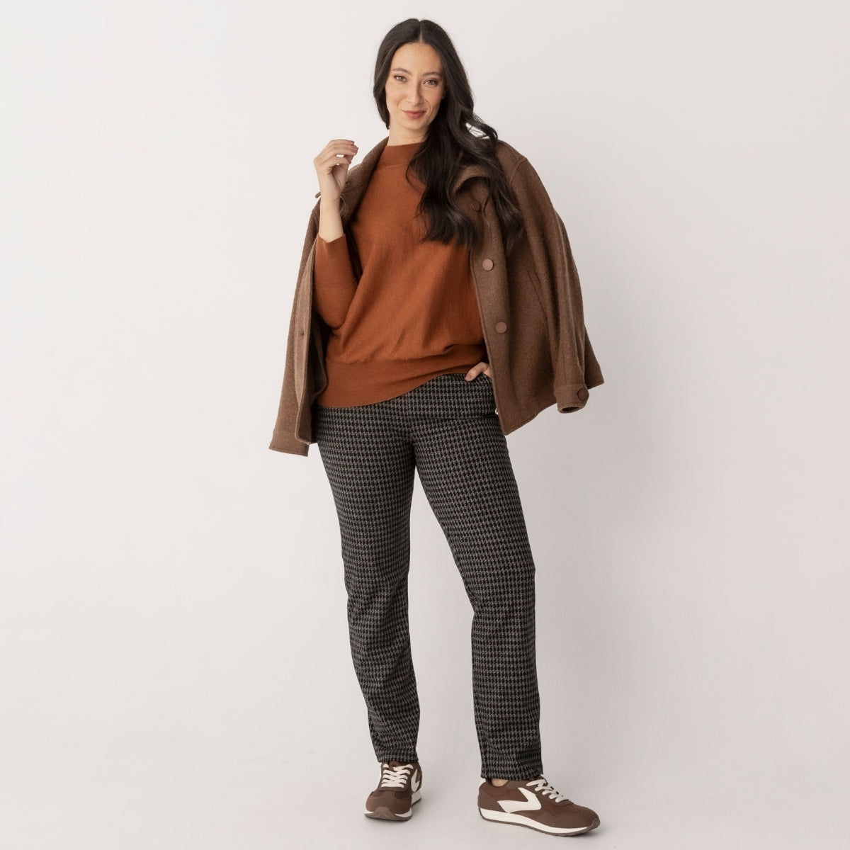 Straight Leg Jacquard Zip Detail Houndstooth Pants