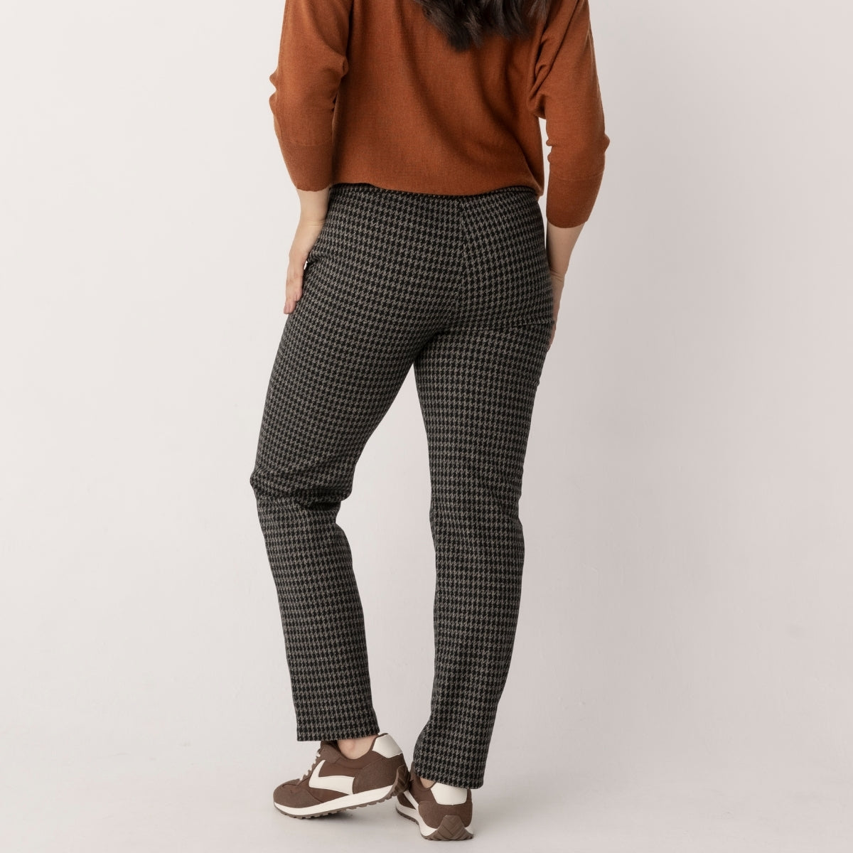 Straight Leg Jacquard Zip Detail Houndstooth Pants