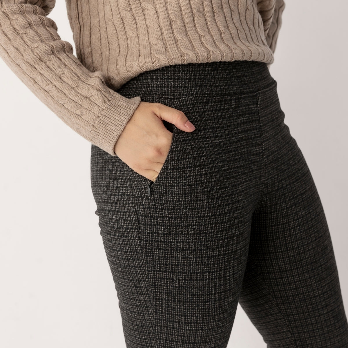 Slim Leg Jacquard Zip Detail Mini Check Pants