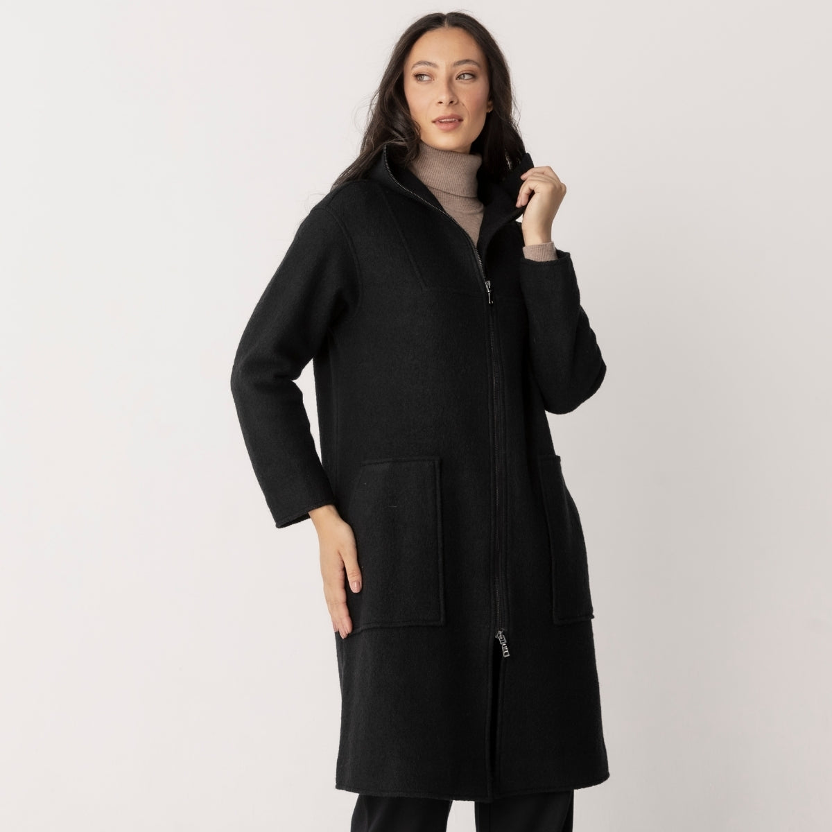 Boiled Wool Viscose Zip Coat