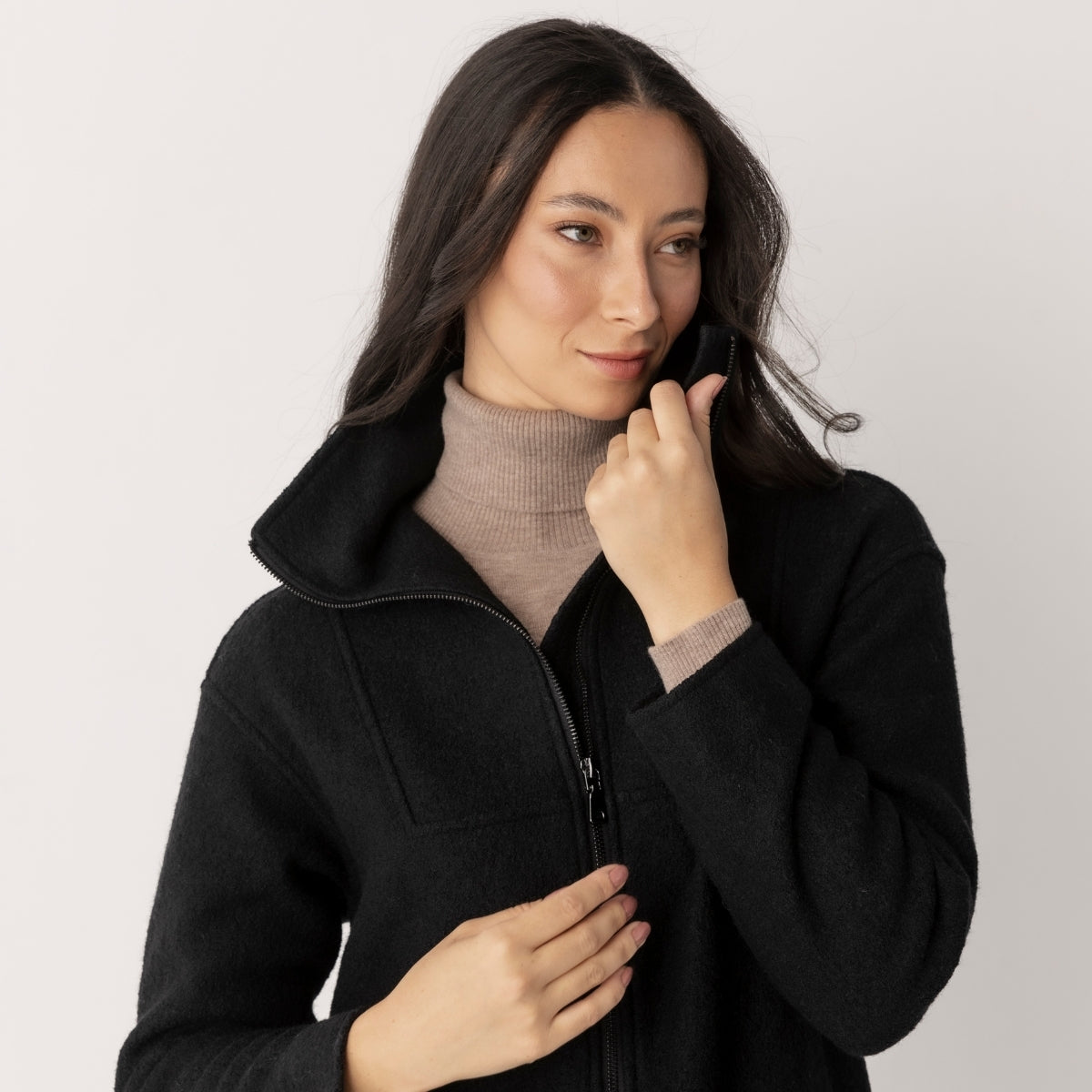 Boiled Wool Viscose Zip Coat