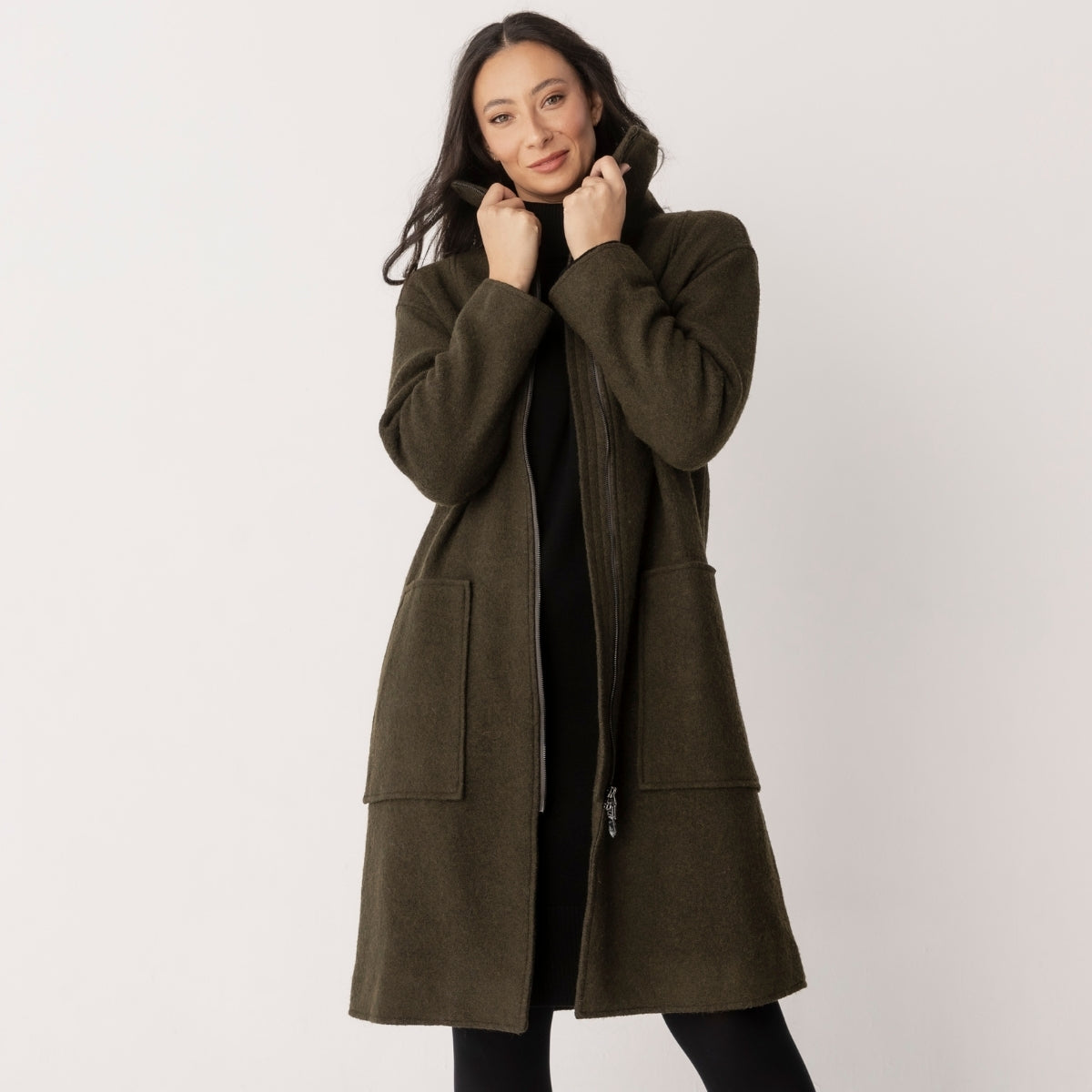 Boiled Wool Viscose Zip Coat