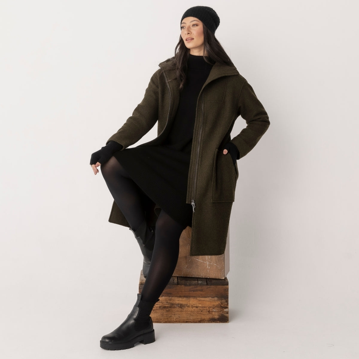 Boiled Wool Viscose Zip Coat