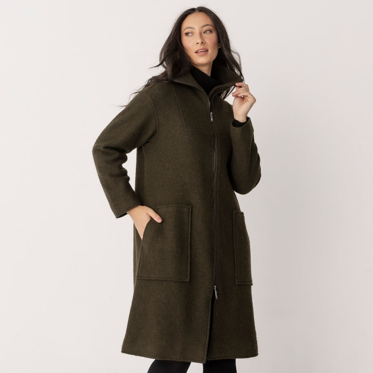 Boiled Wool Viscose Zip Coat