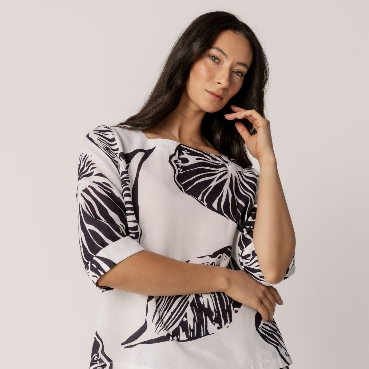 Linen Tencel Printed 3/4 Sleeve Top
