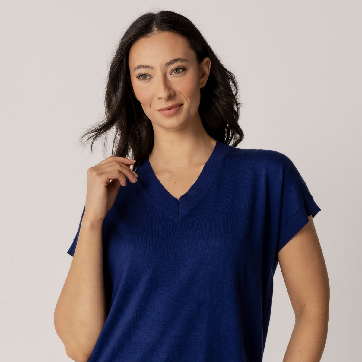 Cotton Cashmere V-Neck Cap Sleeve Top