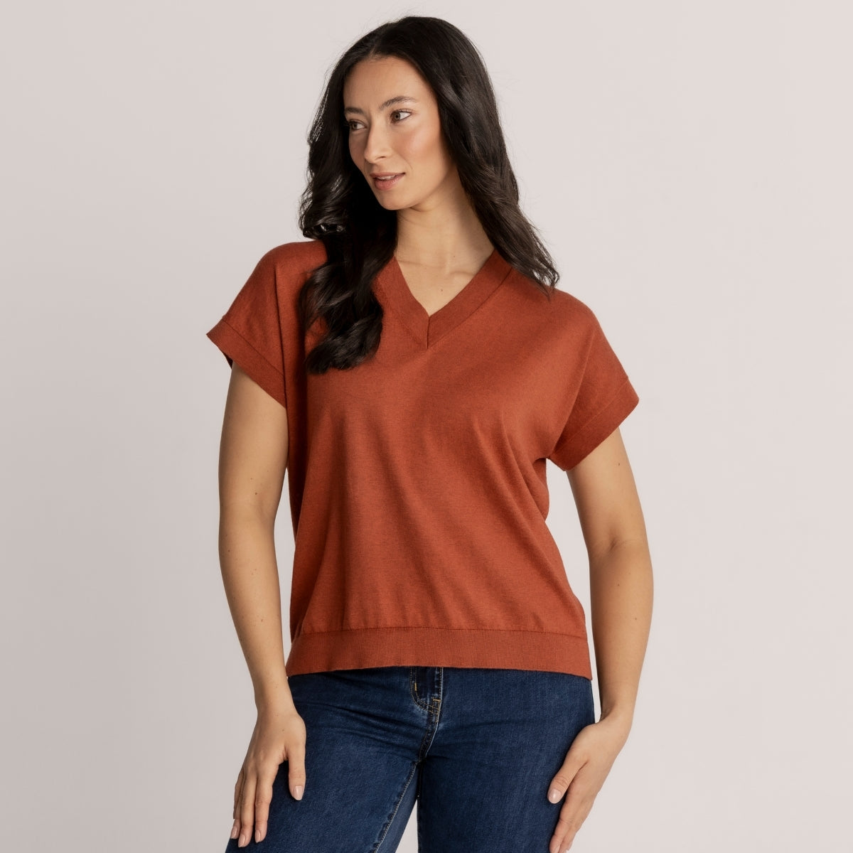 Cotton Cashmere V-Neck Cap Sleeve Top