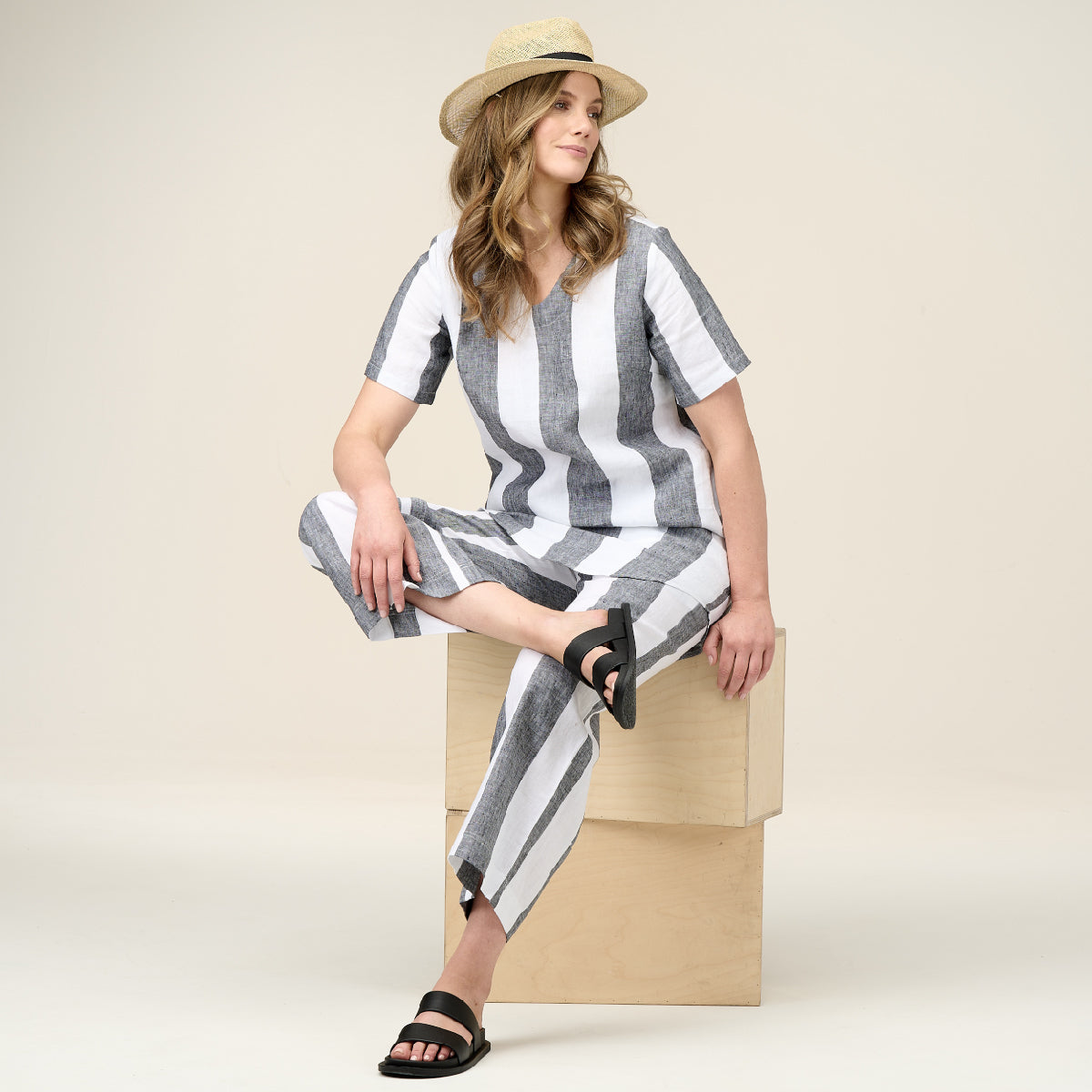 Linen Yarn Dye Stripe Short Sleeve Dress