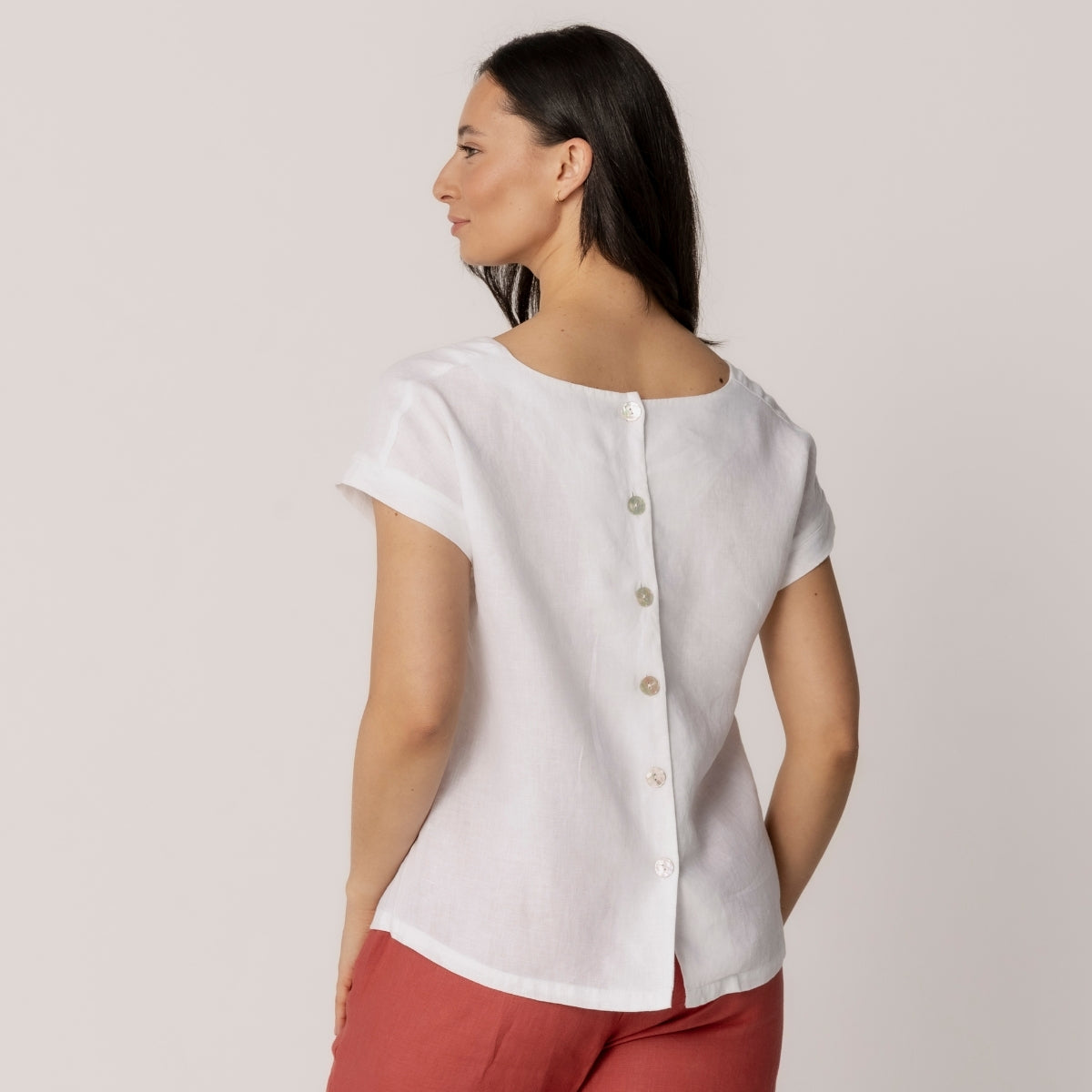 Linen Cap Sleeve Button Back Top
