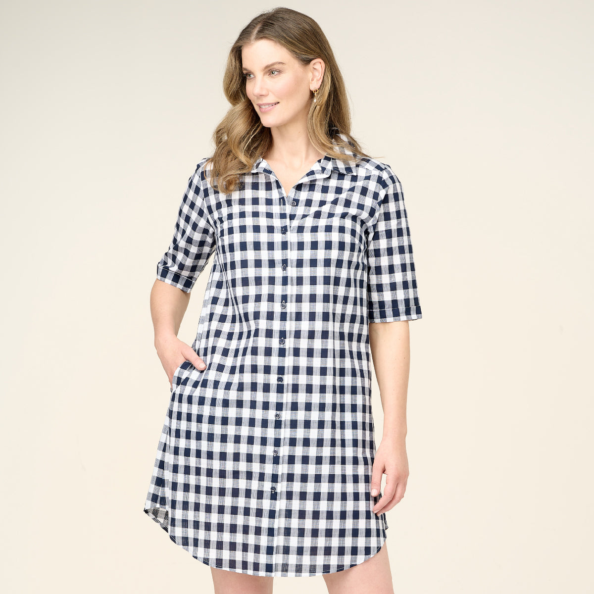 Cotton 3/4 Sleeve Shirtmaker Dress