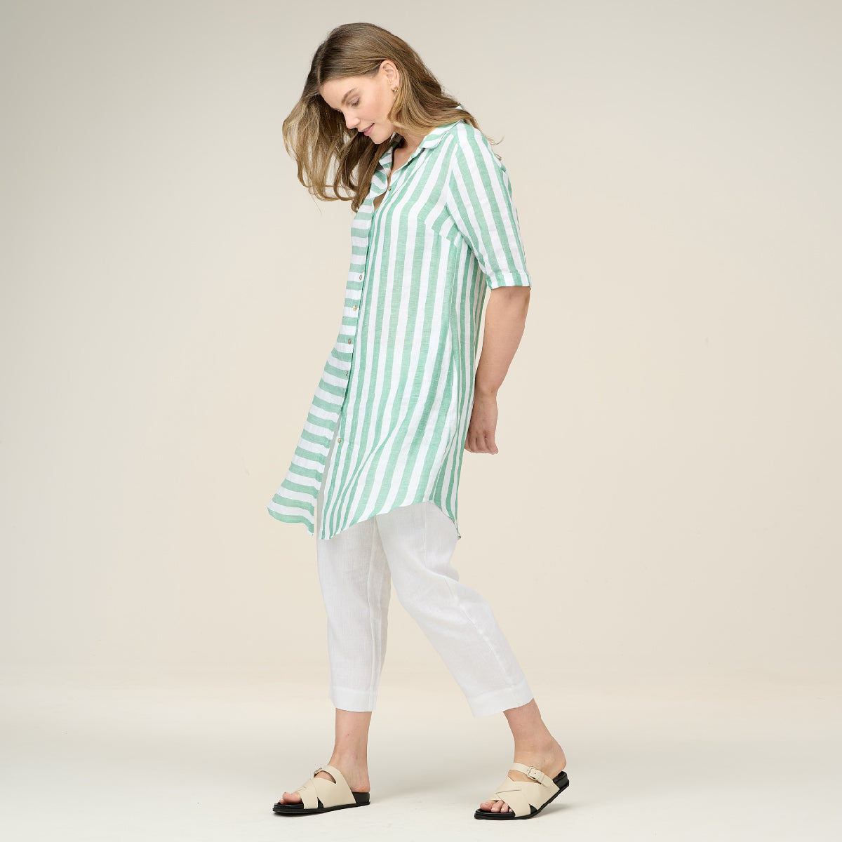 Linen Stripe 3/4 Sleeve Shirtmaker Shirt