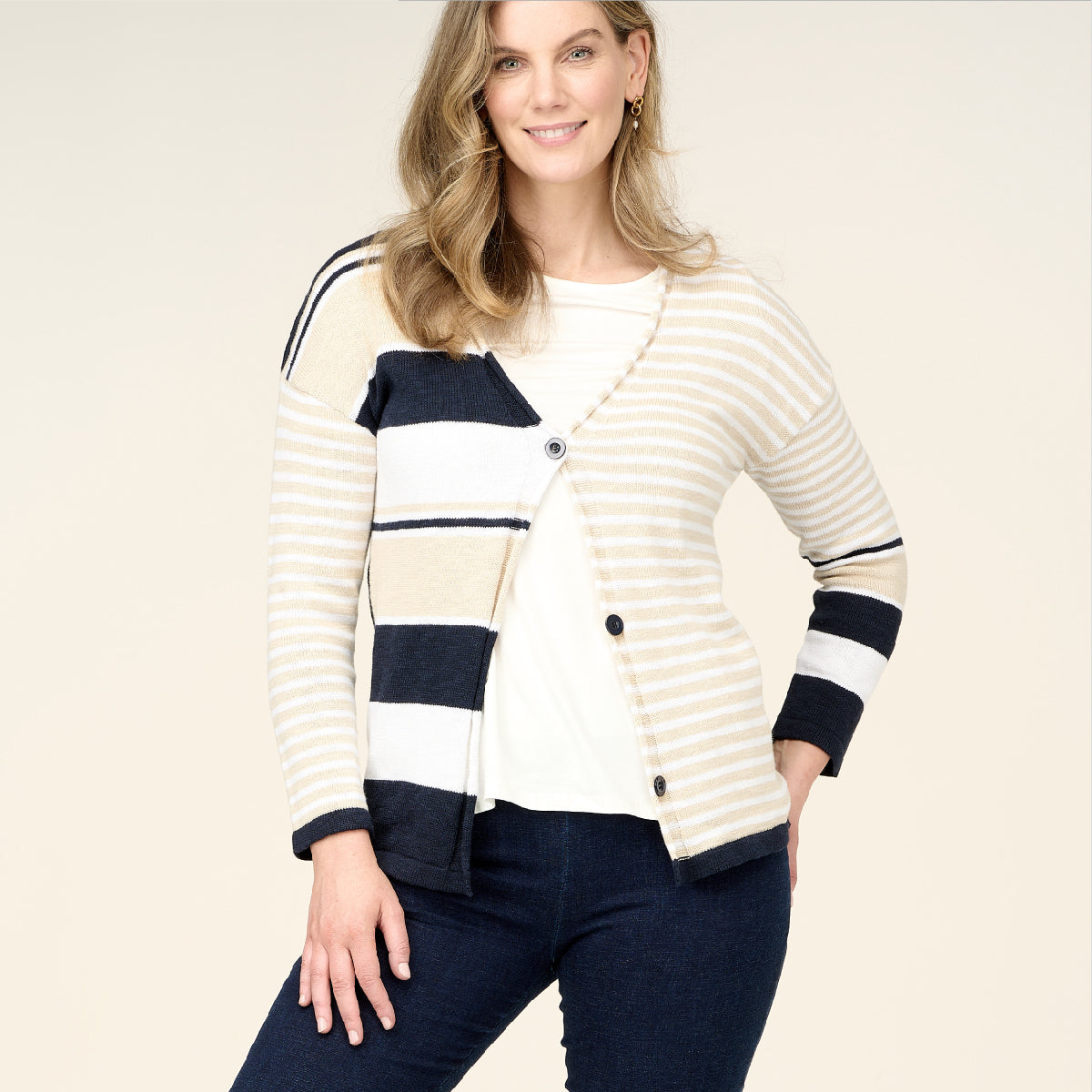 Cotton Linen Striped Vee Neck Cardigan With Roll Trim