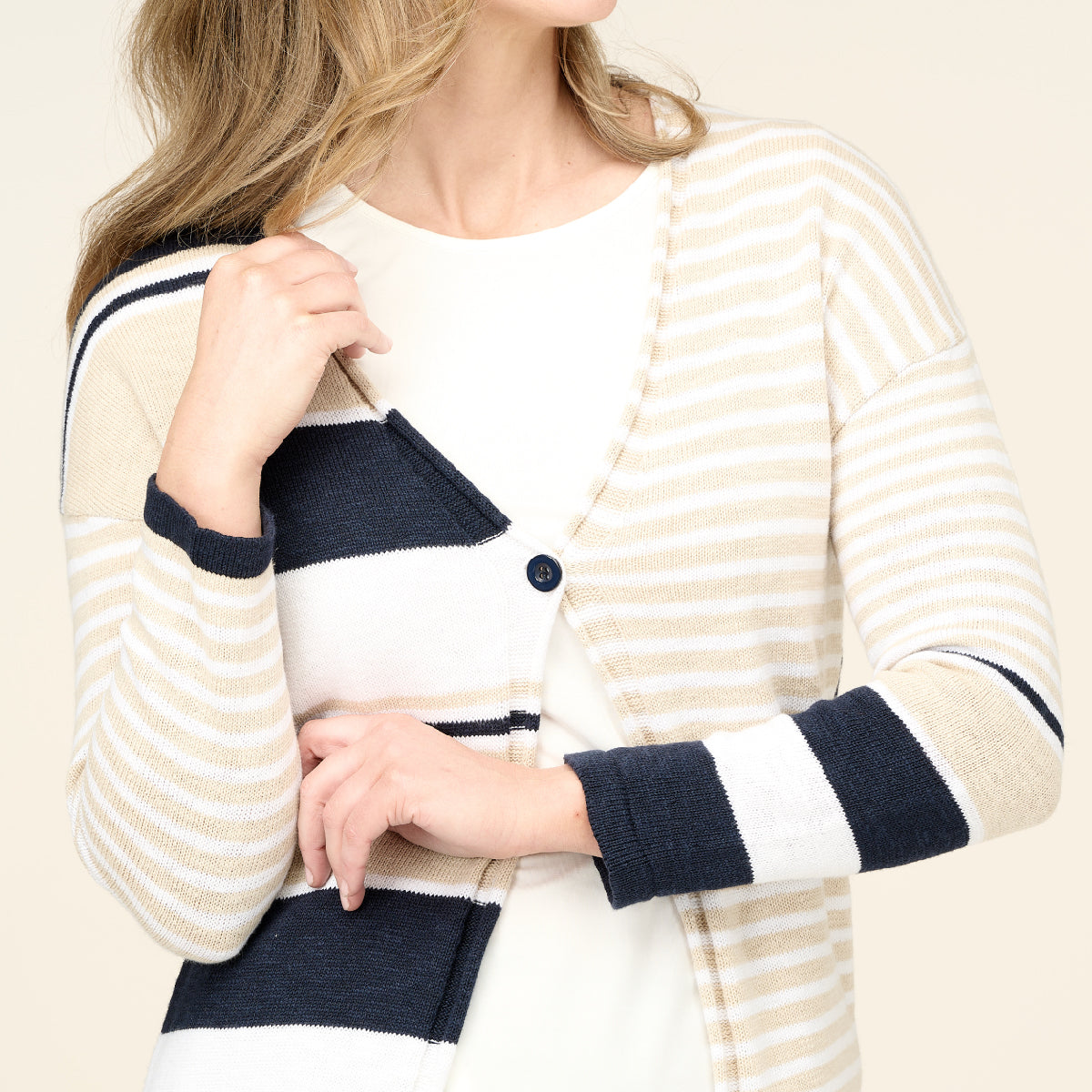 Cotton Linen Striped Vee Neck Cardigan With Roll Trim