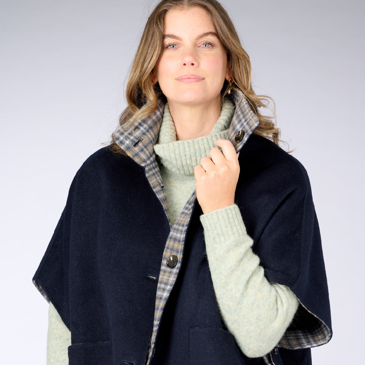 Wool Blend Reversible Cape Check