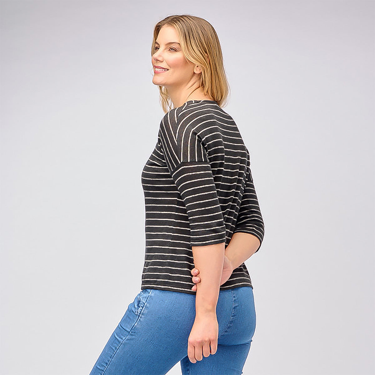 Yarn Dye Stripe Linen 3/4 Sleeve Top