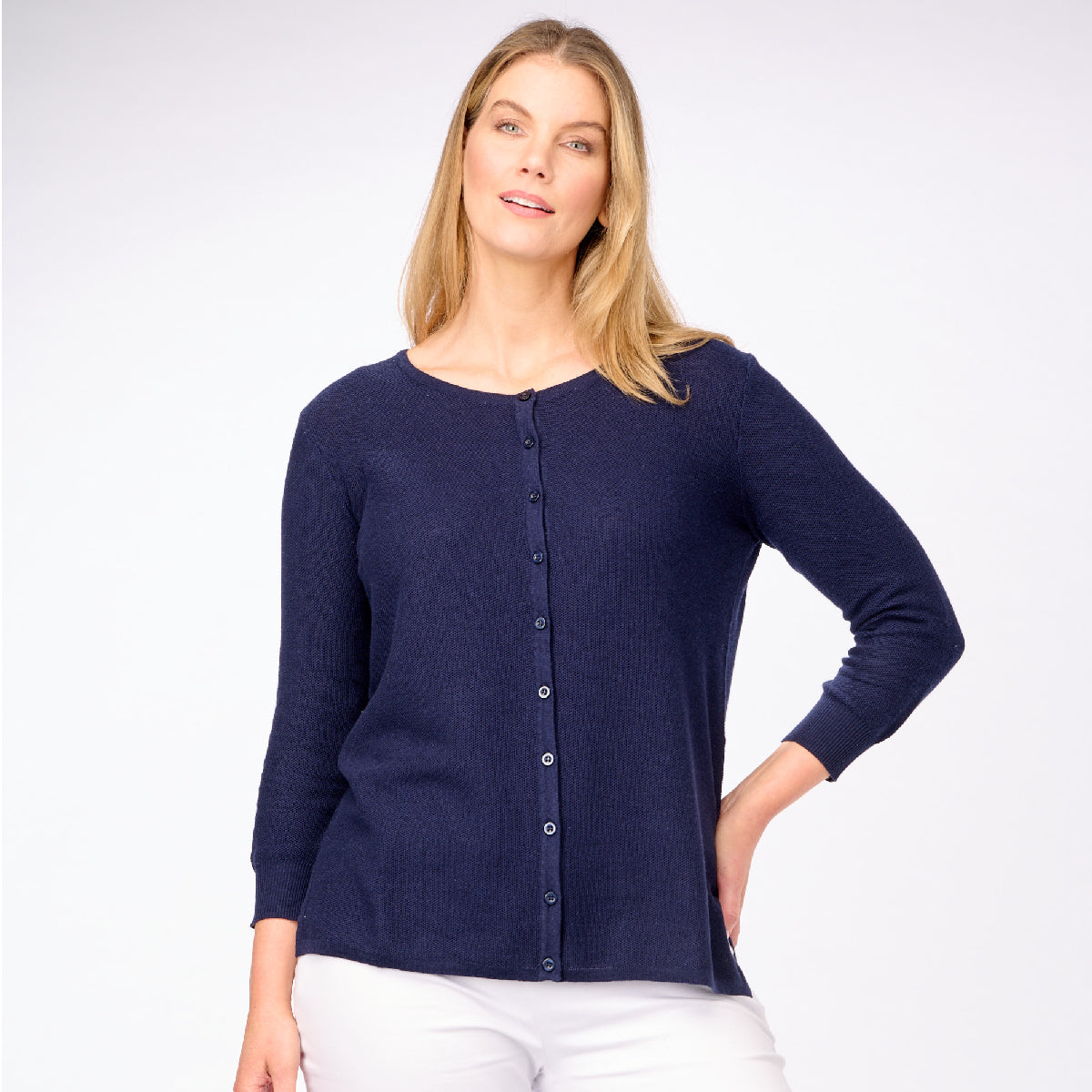 3/4 Sleeve Tucks Stitch Button To Neck Cardigan