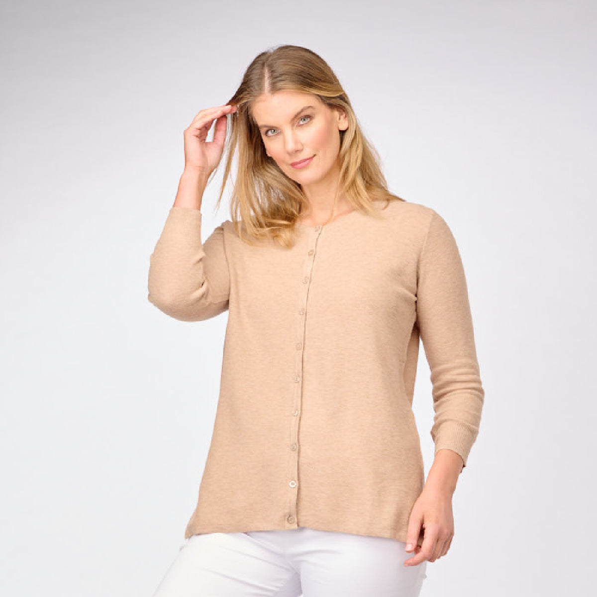 3/4 Sleeve Tucks Stitch Button To Neck Cardigan