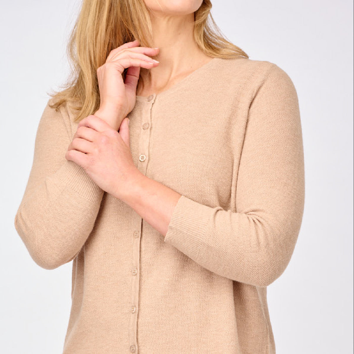 3/4 Sleeve Tucks Stitch Button To Neck Cardigan