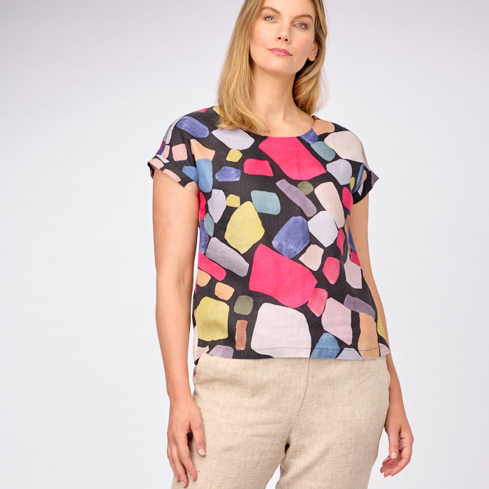 Linen Cap Sleeve Button Back Top