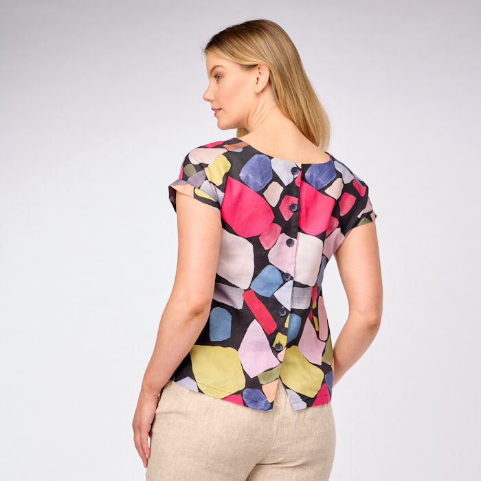 Linen Cap Sleeve Button Back Top