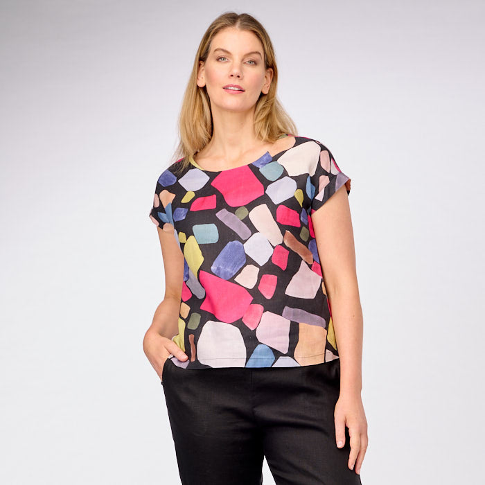 Linen Cap Sleeve Button Back Top