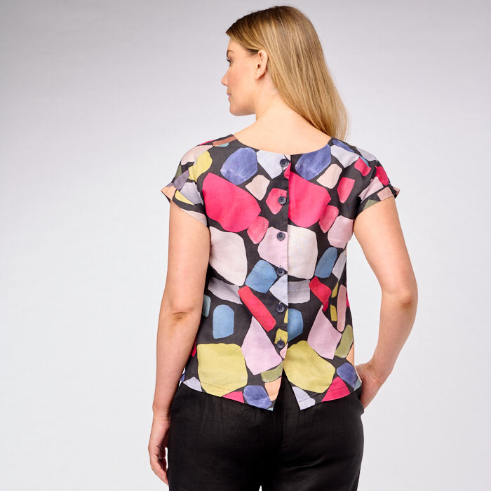 Linen Cap Sleeve Button Back Top
